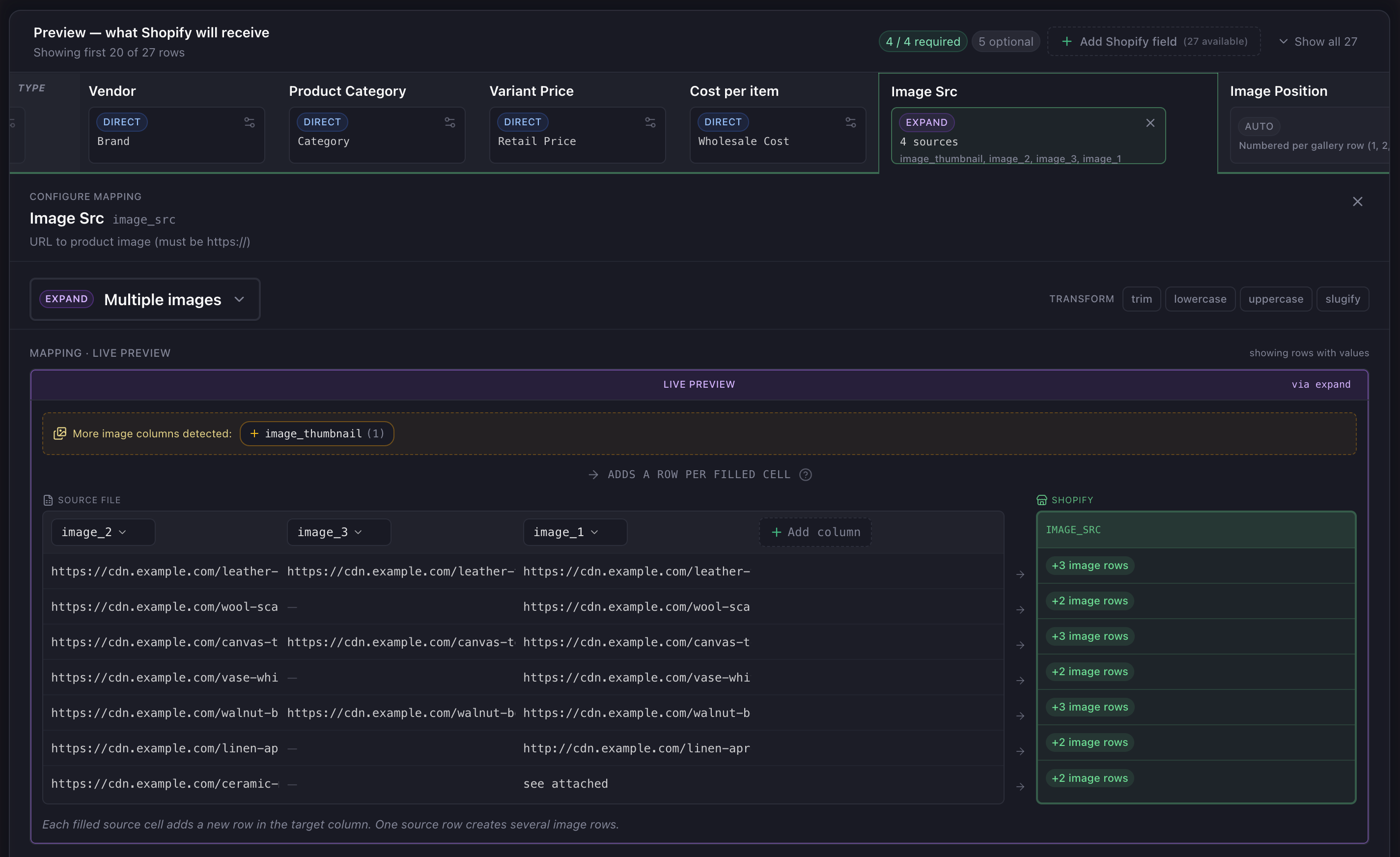 Portaim mapping editor with Image Src configured as an expand rule over multiple supplier image columns (image_1, image_2, image_3), showing a live preview with '+N image rows' per source row and a 'More image columns detected: image_thumbnail' hint offering to add the dropped column back.