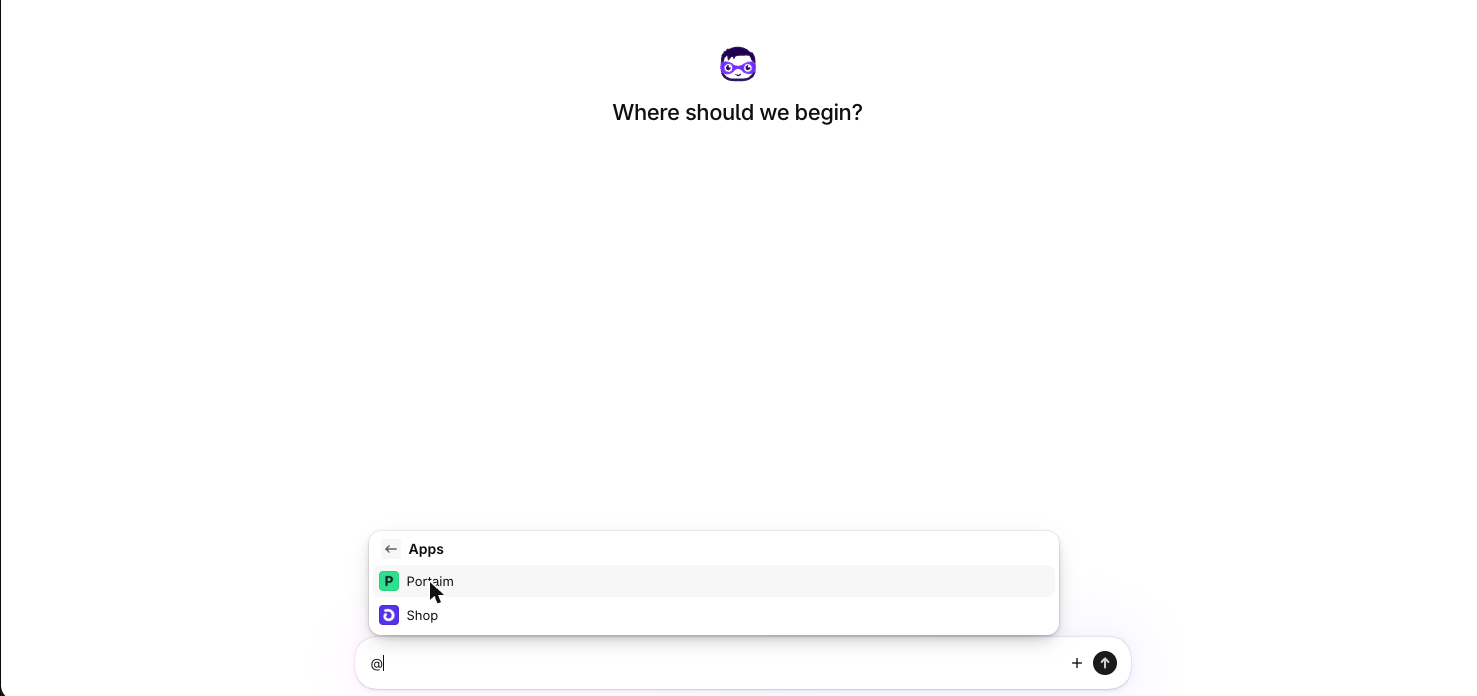 Shopify Sidekick’s app picker opened by typing @, with Portaim highlighted so Sidekick can use its import tools in this conversation