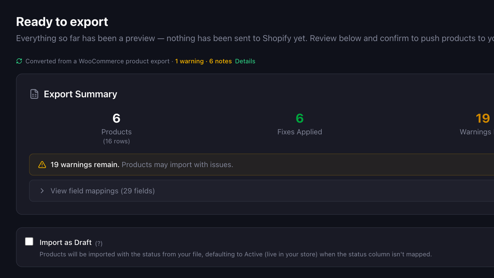 Portaim's export step for a converted WooCommerce file: the Converted from a WooCommerce product export line with 1 warning and 6 notes above the export summary of 6 products from 16 rows, and the Import as Draft checkbox below