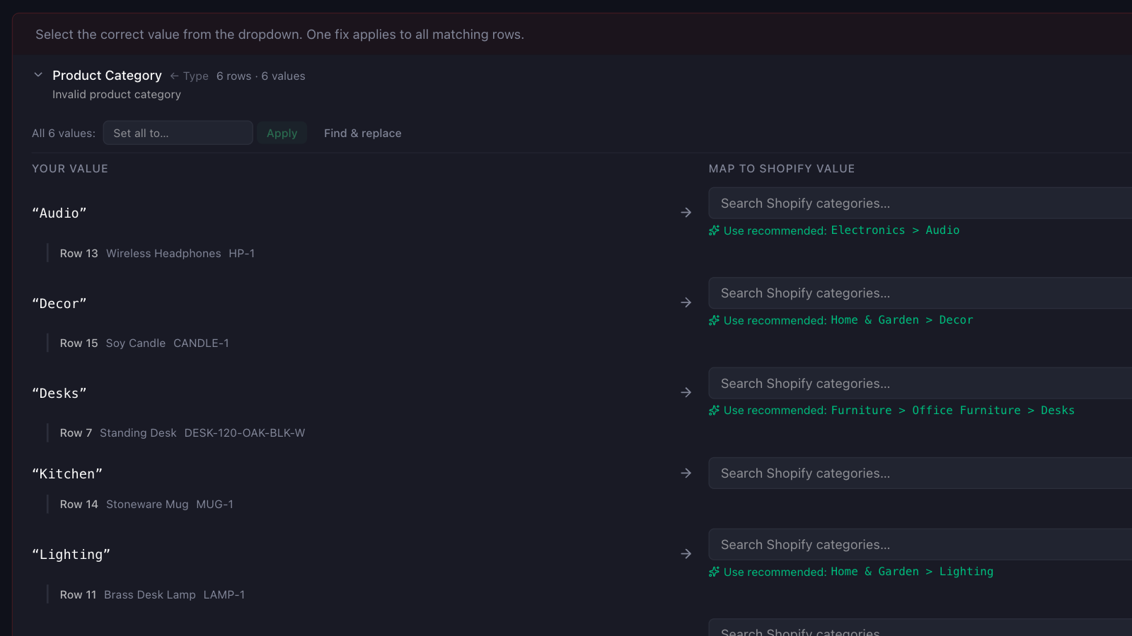 Portaim's fix step listing invalid Product Category values fed from a supplier Type column, each with the rows that use it and a recommended Shopify taxonomy entry such as Electronics > Audio and Furniture > Office Furniture > Desks, plus a search box for choosing a different entry